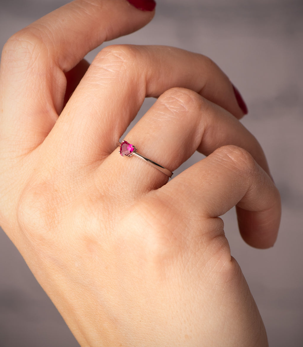 Anillo Sortija para Mujer Oro Blanco Rubí Compromiso CORAZÓN ROJO