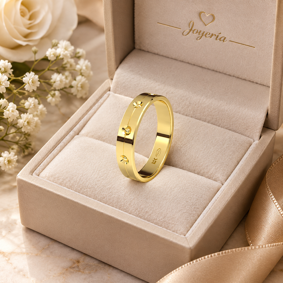 Alianza Boda  Oro Amarillo 18k con decoración KUSAMA Ancho 4mm