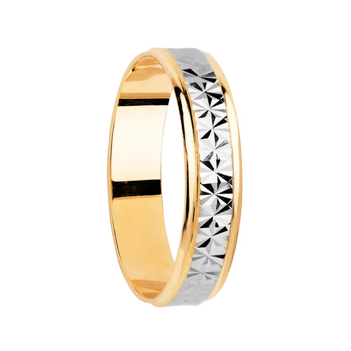 Alianza Boda Oro 18k Bicolor Tallada y Bordes en Brillo Ancho 4mm