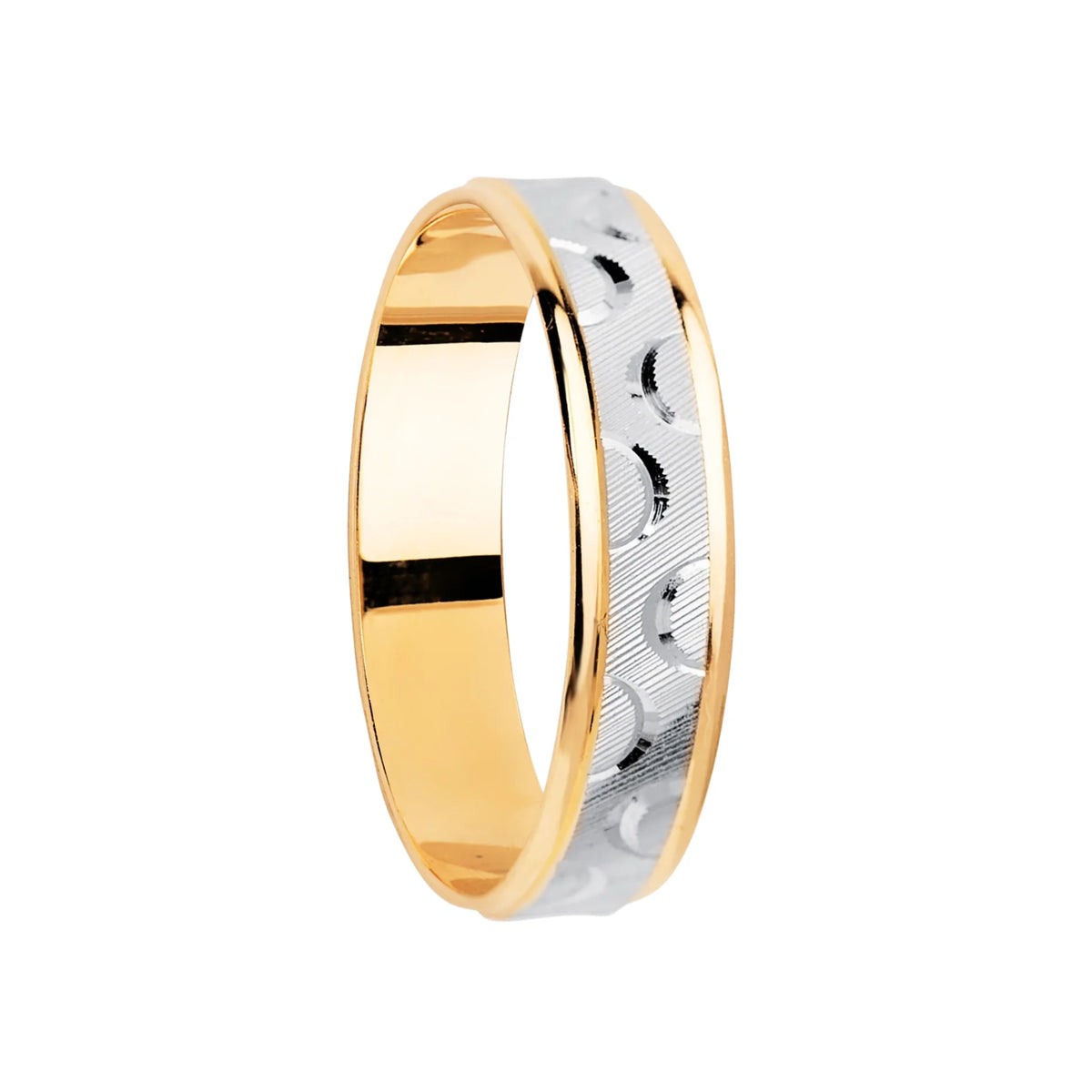 Alianza Boda Oro 18k Bicolor Tallada y Bordes en Brillo Ancho 4mm