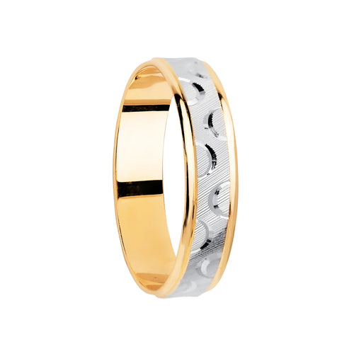 Alianza Boda Oro 18k Bicolor Tallada y Bordes en Brillo Ancho 4mm