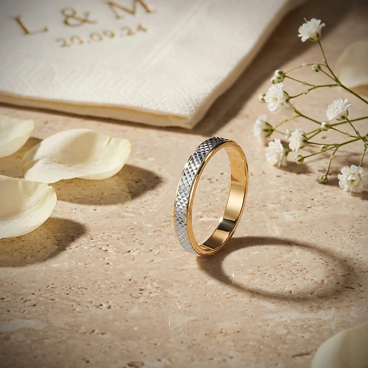 Alianza Oro 18k Bicolor Tallada y Bordes en Brillo Ancho 3mm