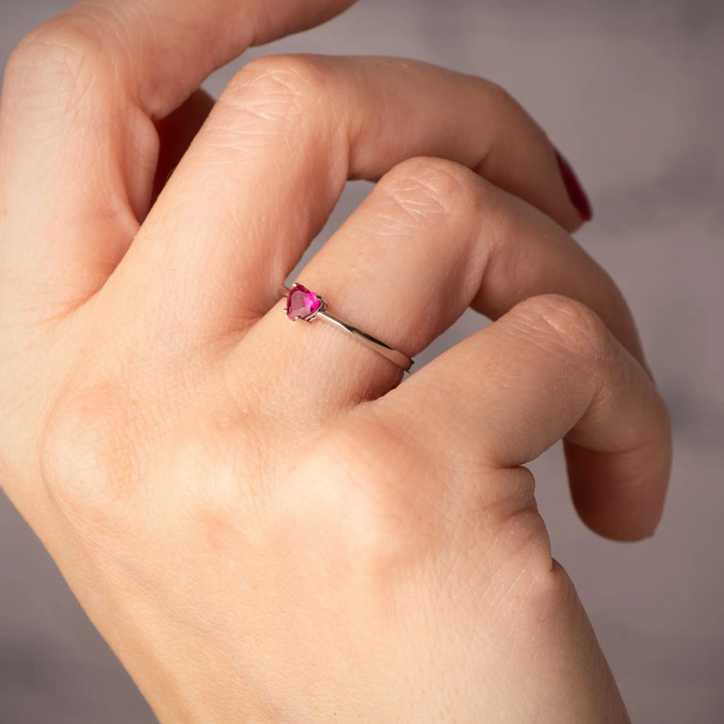 Anillo Sortija para Mujer Oro Blanco Rubí Compromiso CORAZÓN ROJO