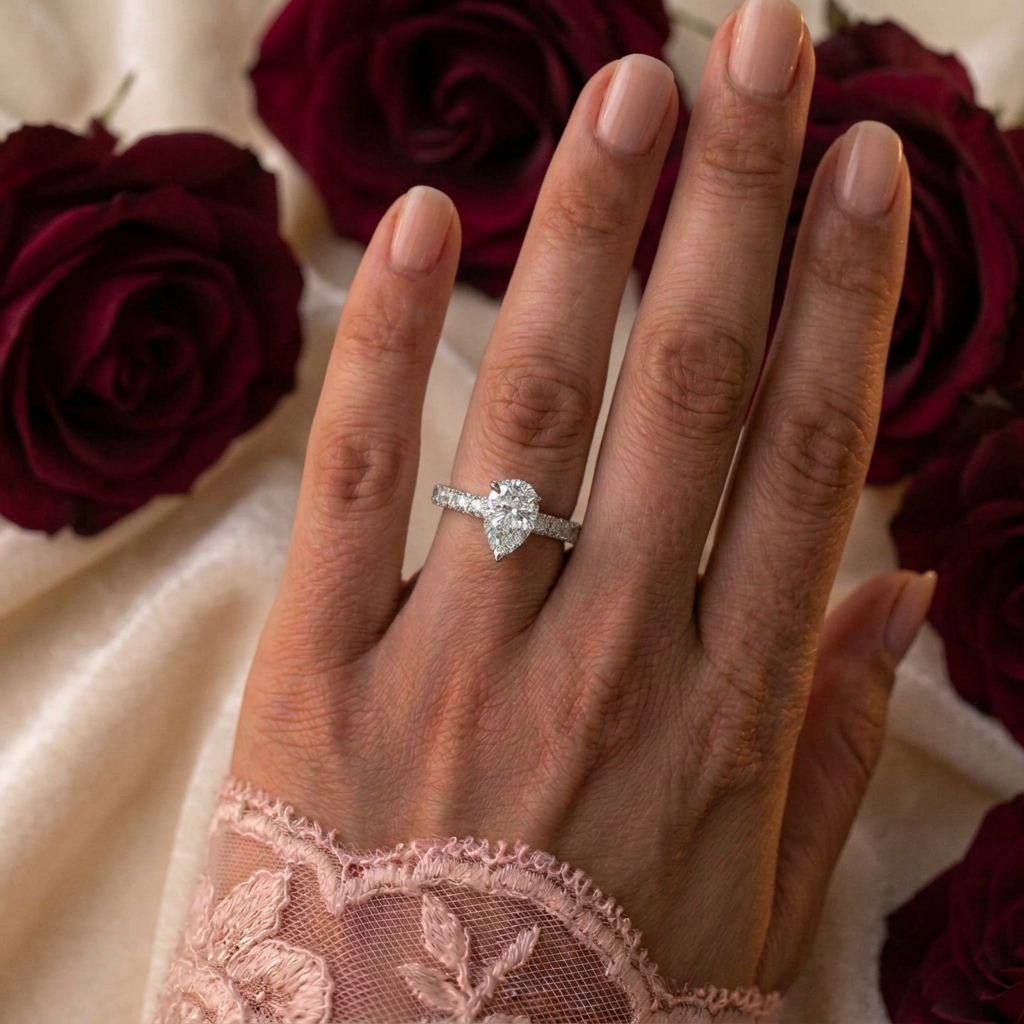 Anillo para Mujer Solitario Pavé Plata de Ley con Diamante LAB Grown Talla Pera Compromiso