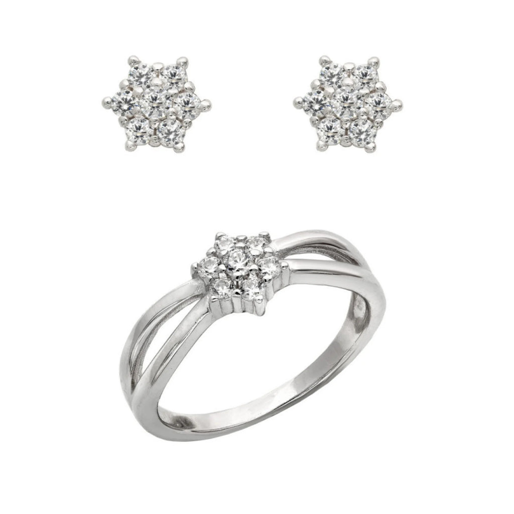 Conjunto de Comunión Niña Anillo y Pendientes Rosetón de Plata y Circonitas