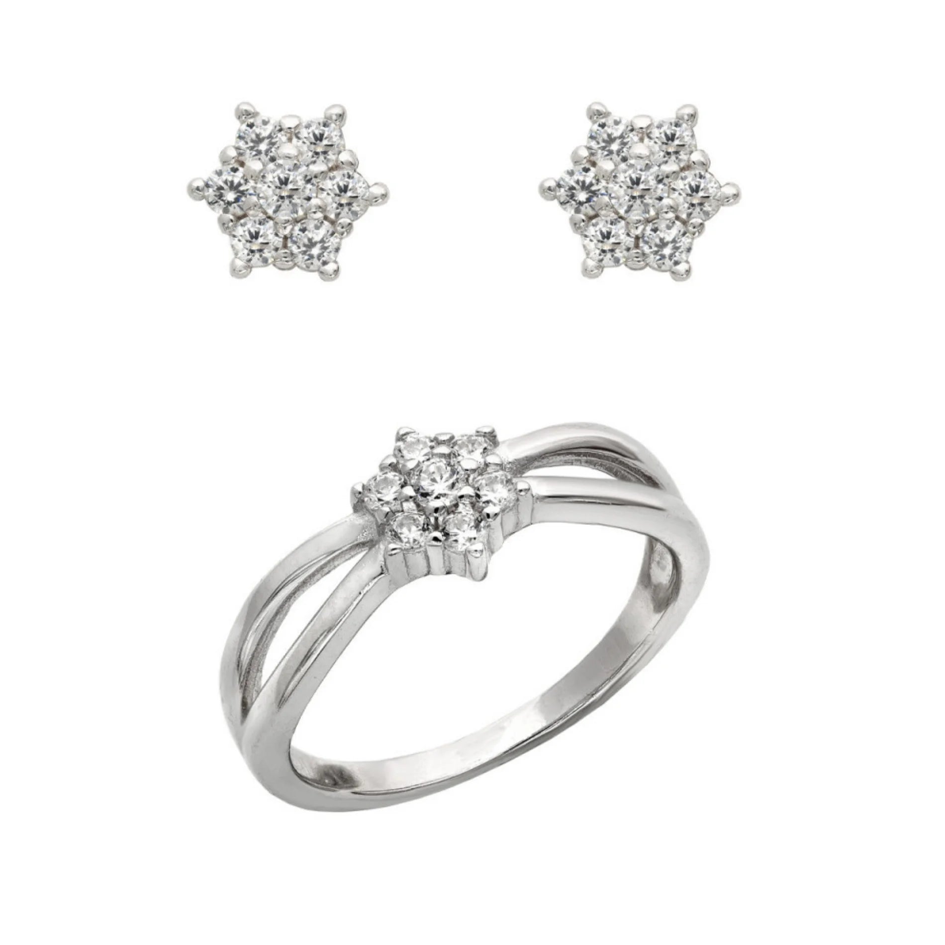 Conjunto de Comunión Niña Anillo y Pendientes Rosetón de Plata y Circonitas