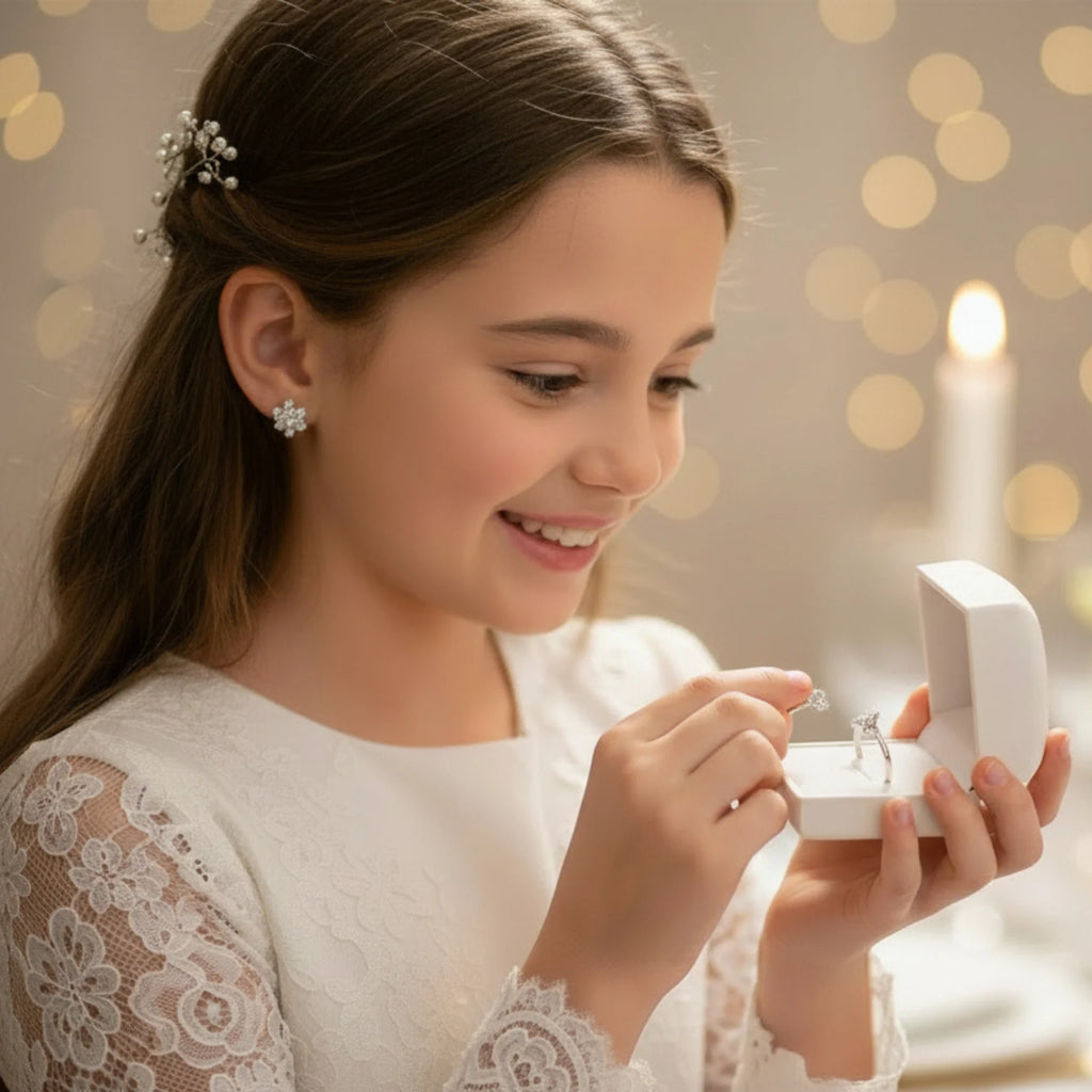 Conjunto de Comunión Niña Anillo y Pendientes Rosetón de Plata y Circonitas