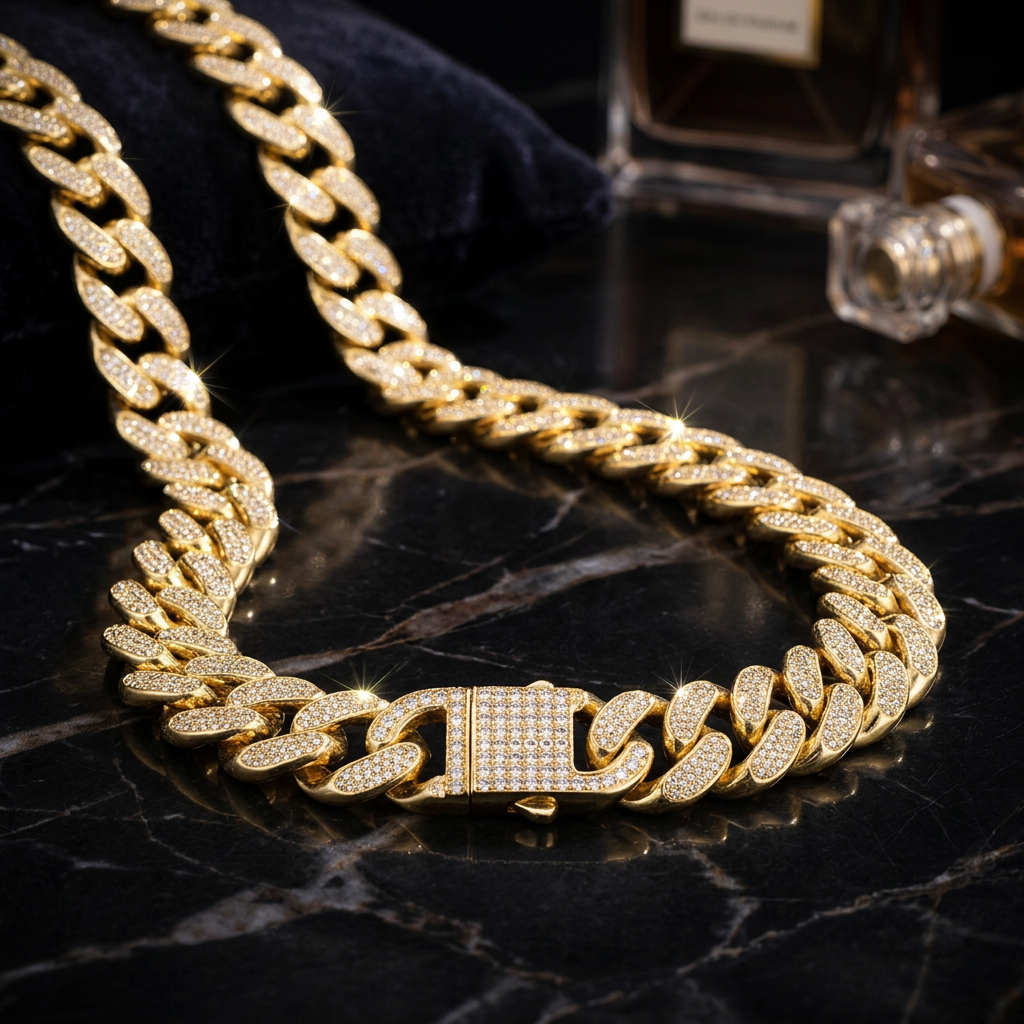Cubana Cadena para Hombre Acero 316L Strass Dorada Ancho 18mm