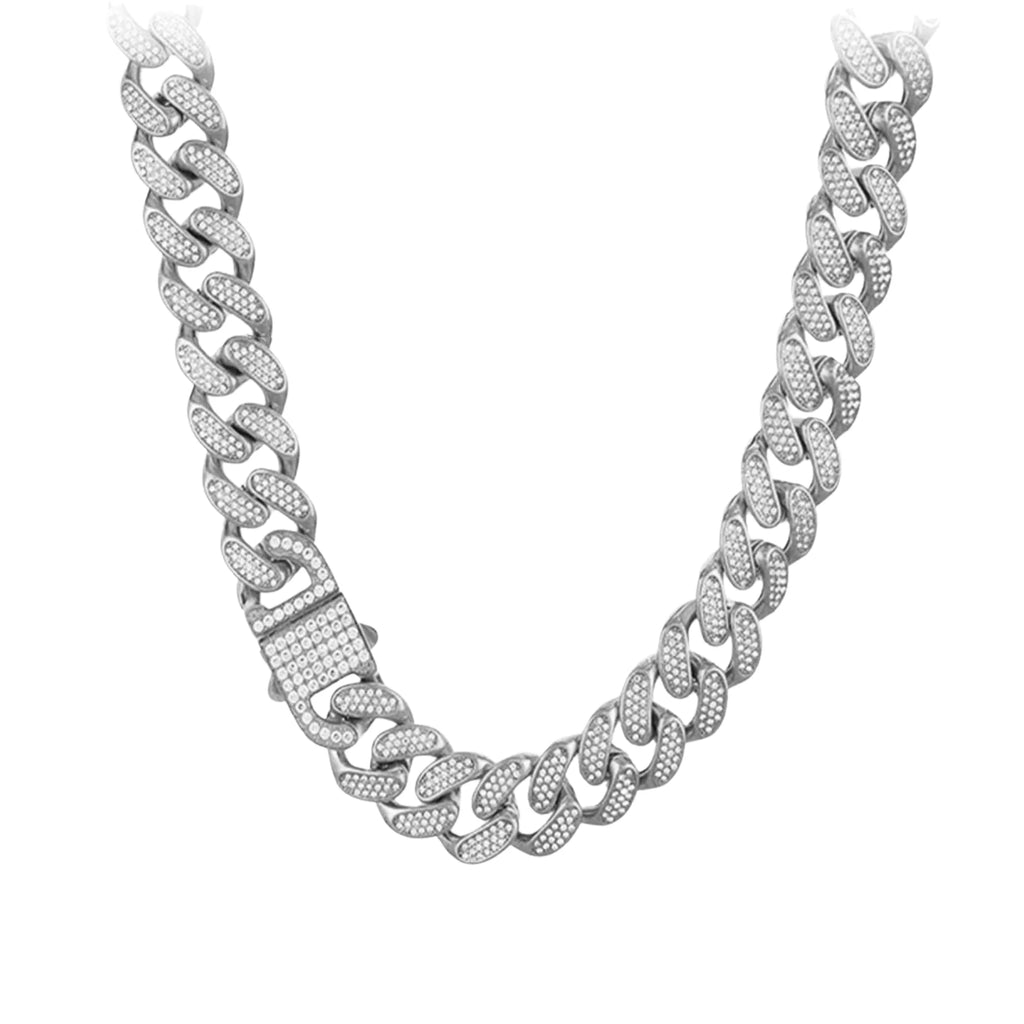Cubana Cadena para Hombre Acero 316L Strass Plateada Ancho 14mm