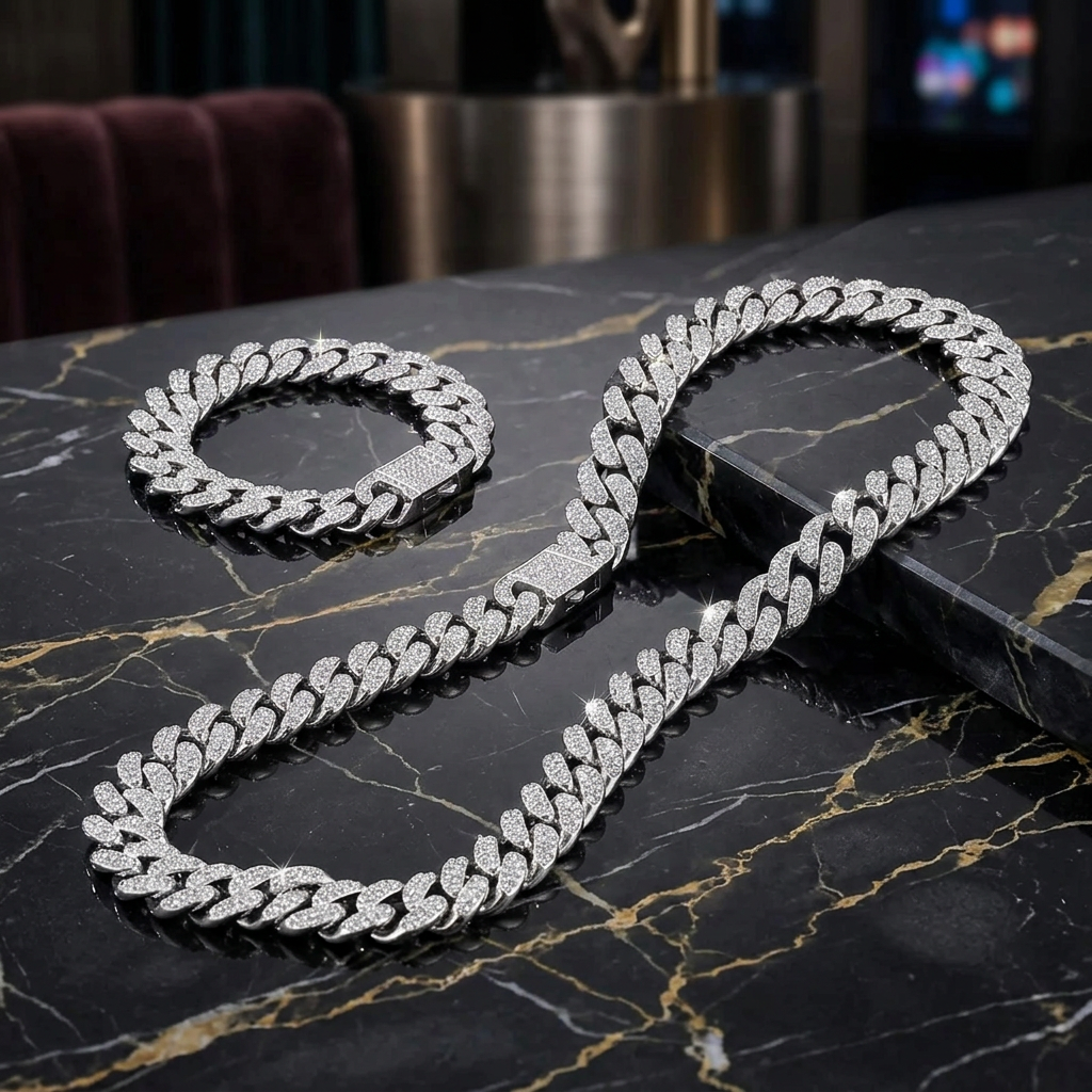 Cubana Cadena para Hombre Acero 316L Strass Plateada Ancho 14mm
