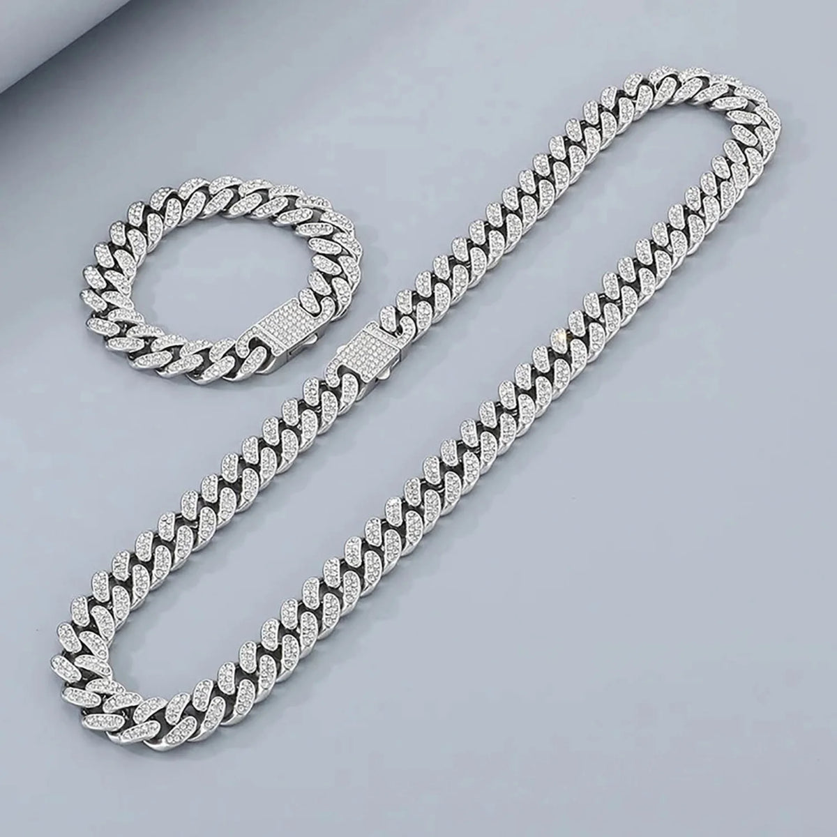 Cubana Cadena para Hombre Acero 316L Strass Plateada Ancho 14mm