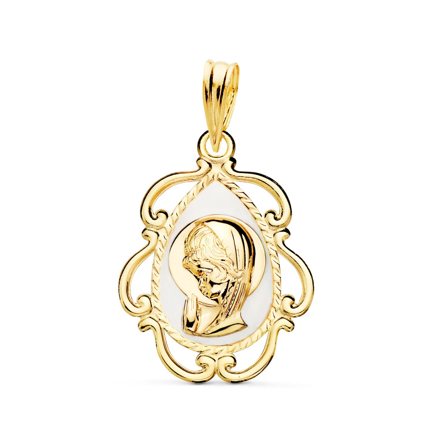 Medalla de Oro Amarillo de 18K y Esmalte Blanco con la Virgen para niña Comunión