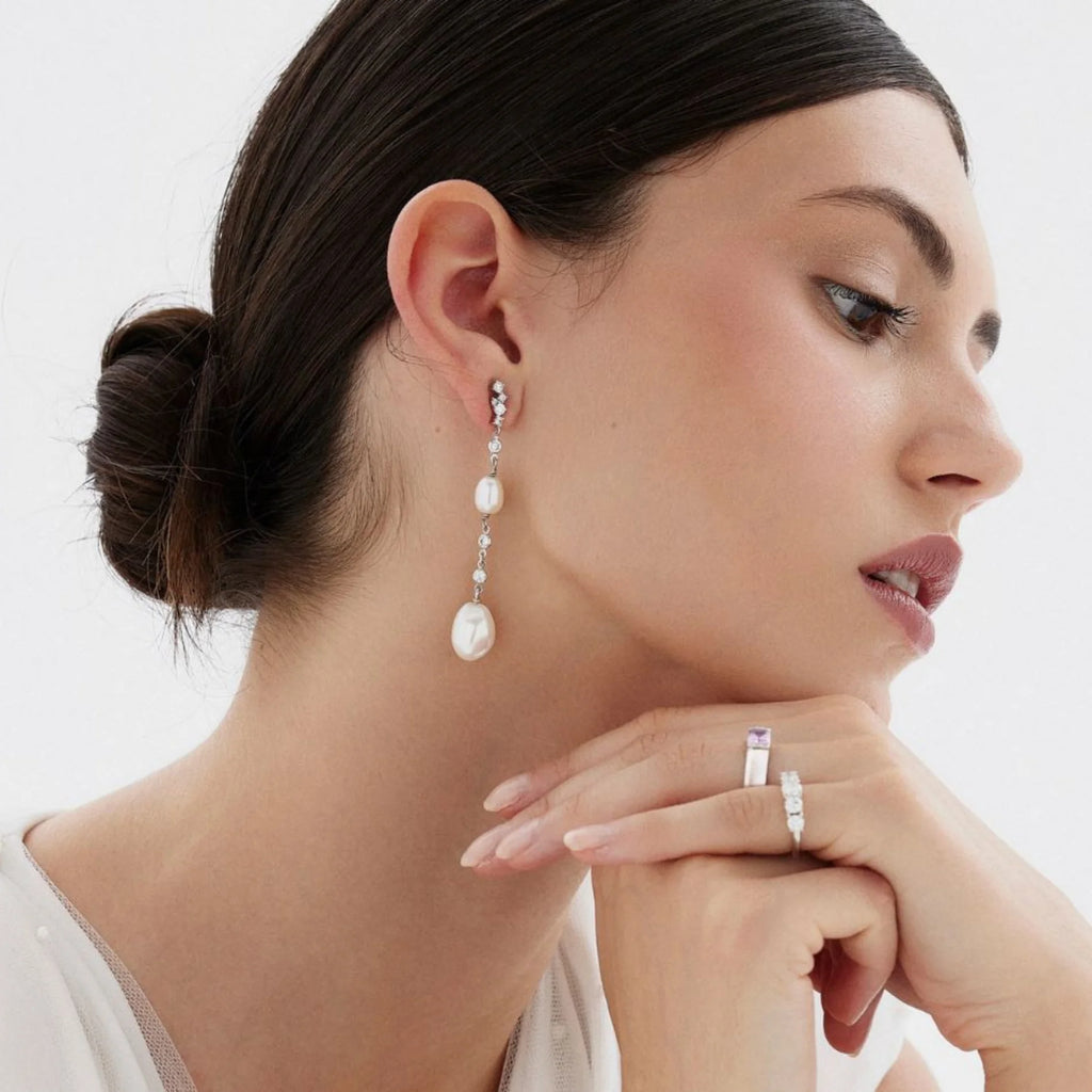 Pendientes para Mujer de plata largos con perlas y circonitas Marina Garcia