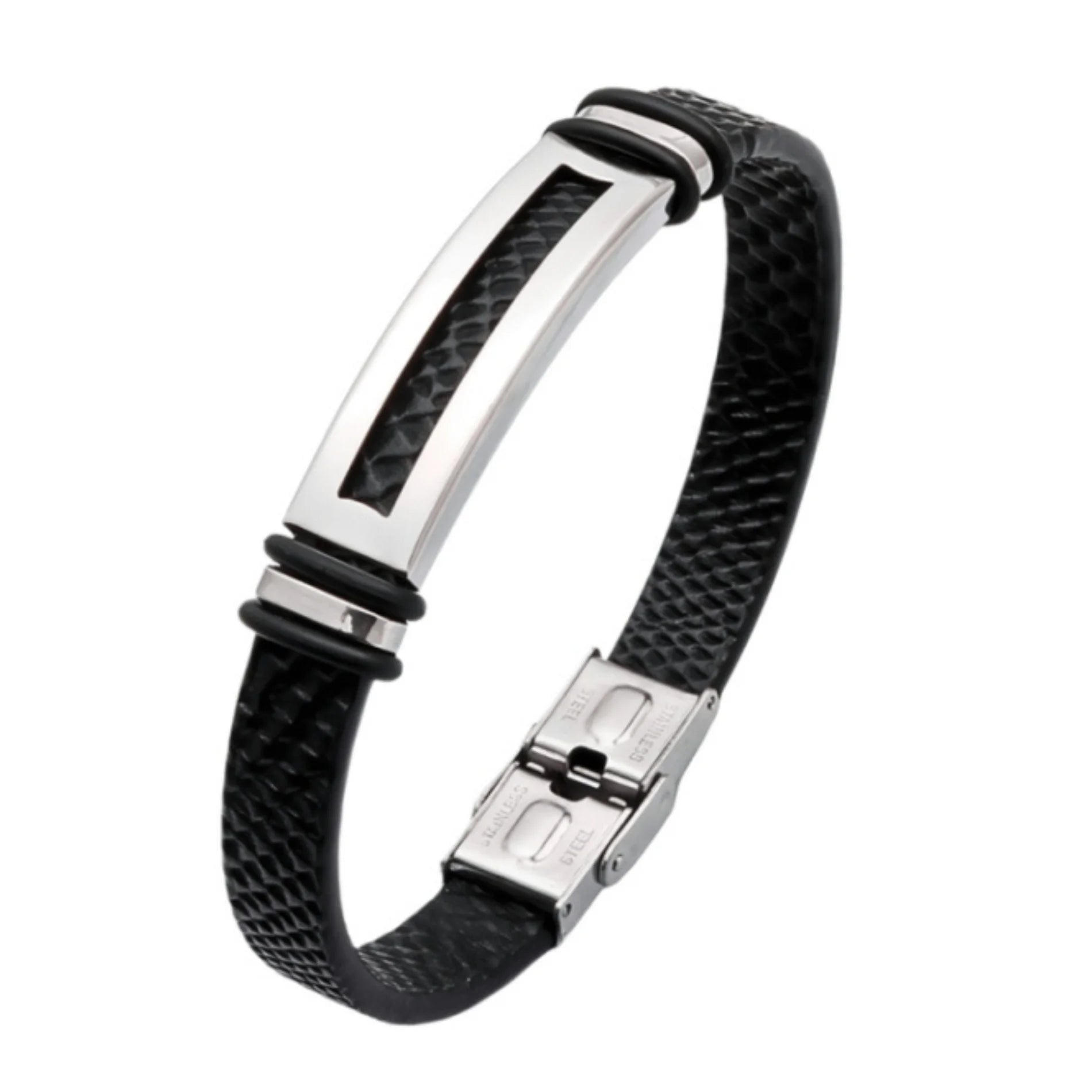 Pulsera para Hombre Placa Acero Cuero Negro
