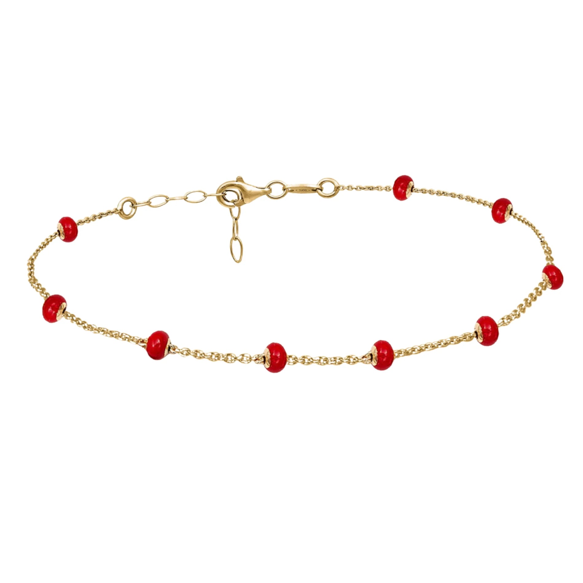Tobillera Boho en Plata Bañada en Oro Cadena con Piedras Rojas