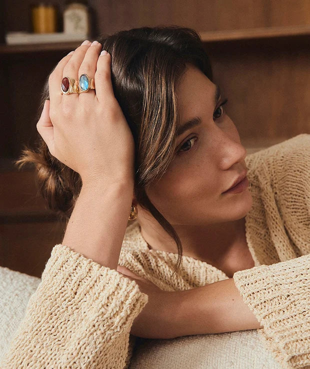 Anillo para Mujer Ancho labradorita Bañado en Oro 18K