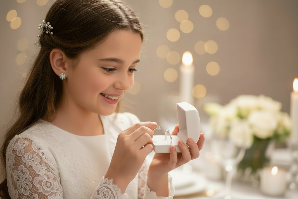 Conjunto de Comunión Niña Anillo y Pendientes Rosetón de Plata y Circonitas